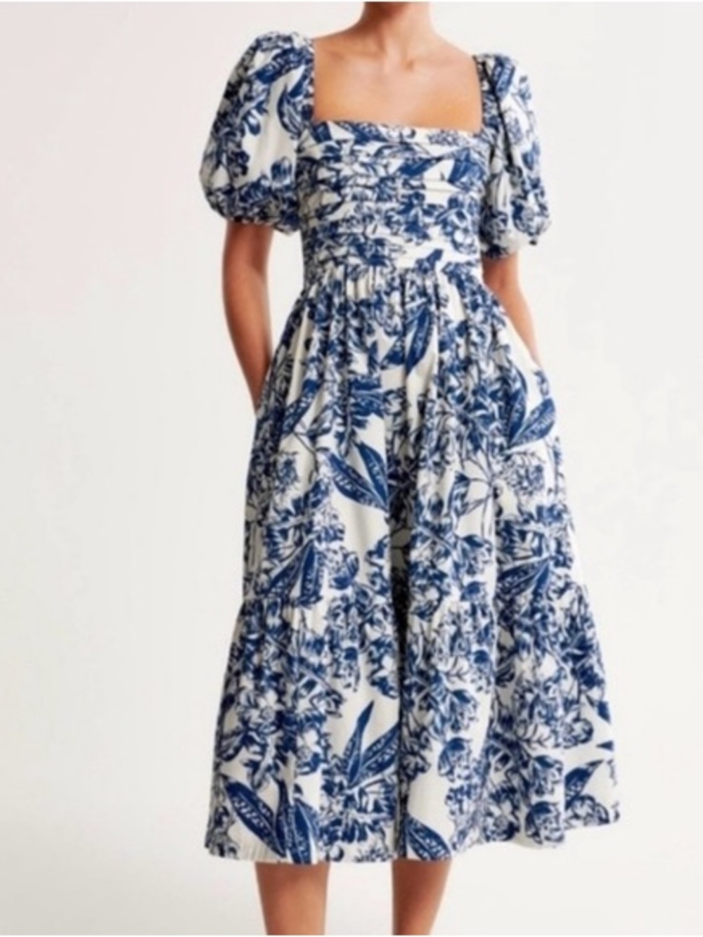 A+F Poplin Puff Floral Square-Neck Midi Dress